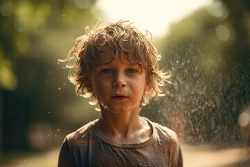 Water Fun. Little boy with messy hair happily running through a sprinkler, enjoying the water. Summer joy concept. AI Generative
