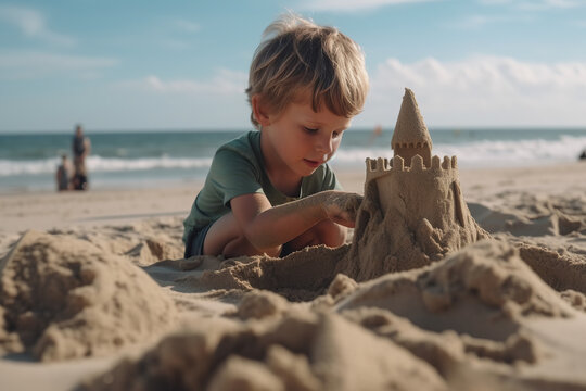 Childhood Fun in the Sun: Little Boy's Sandcastle Building Adventure on the Beach - AI Generative