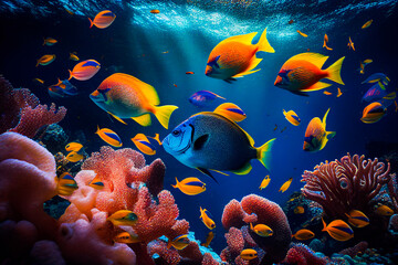 Fototapeta na wymiar Underwater sea reef landscape with tropical fish, coral, red stars and sponges cartoon background. Blue lagoon world or aquarium with colorful animals and sun beams. Generative AI