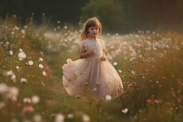 The Little Princess Dancing and Twirling in the Sunset at the Field of Wildflowers - AI Generative