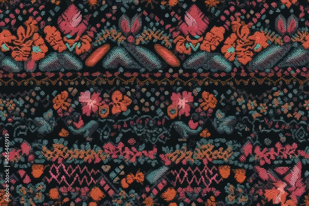 Poster close-up view of vibrant pink and orange flowers on a black background. Generative AI