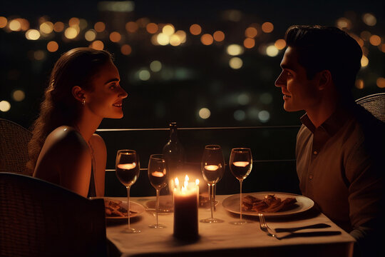 Beautiful couple in love having romantic dinner at night. young Generative AI