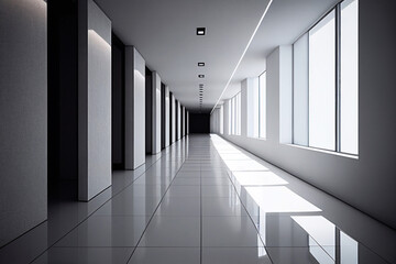 Hotel, clinic or hostel hall with black and white color. Corridor with doors in perspective view. Generative AI