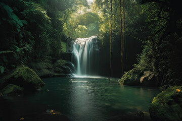 Relaxing in the Majestic and Serene Surroundings of a Towering Waterfall | Rejuvenating Retreat Concept | Ai Generative