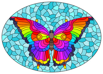 Illustration in stained glass style with a bright rainbow butterfly on a blue background, oval image
