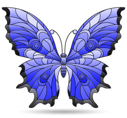 Stained glass illustration with abstract butterfly, tone blue insect isolated on white background