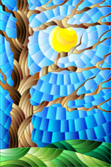 Obraz premium An illustration in the style of stained glass with an abstract autumn tree on a background of blue sky and sun