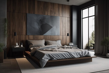 Modern minimalistic bedroom interior with big wall, perfect for artwork. Architecture and interior design concept. Mockup. AI Generative