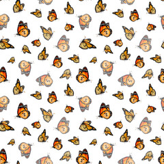 Watercolour drawing square pattern with beautiful butterflies of different sizes. White background. Ideal for textile printing, linen, towels