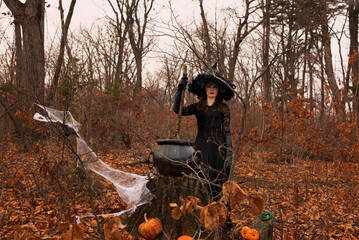 Beautiful woman in witches hat and costume preparing a potion in cauldron in autumn forest....