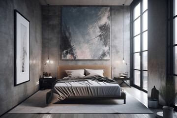 Modern minimalistic bedroom interior with big wall, perfect for artwork. Architecture and interior design concept. Mockup. AI Generative