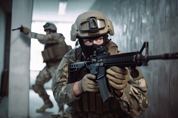 Fototapeta premium Soldiers in Building Posture. Photo generative AI