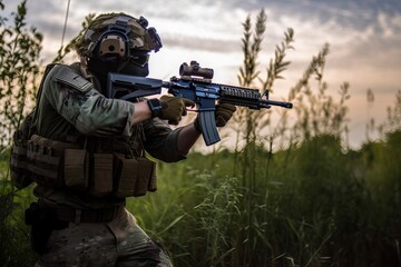 Fototapeta premium Airsoft Army: Military Simulation. Photo generative AI