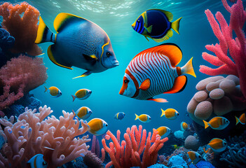 Naklejka na ściany i meble Corals and fish. Underwater world illustration. AI generative.