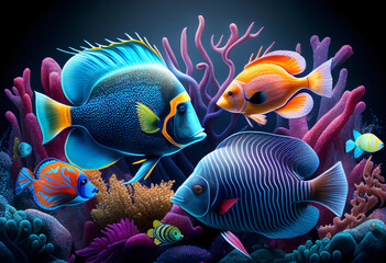 Naklejka na ściany i meble Corals and fish. Underwater world illustration. AI generative.