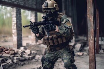 Fototapeta premium Special Forces Soldier in Combat Gear. Photo generative AI