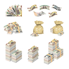 Egyptian Pound Vector Illustration. Huge packs of Egypt, Gaza Strip money set bundle banknotes. Bundle with cash bills. Deposit, wealth, accumulation, inheritance. Falling money 20, 50, 100, 200 EGP