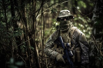 Obraz premium Military Soldier Camouflaged in Jungle Tactics. Photo generative AI