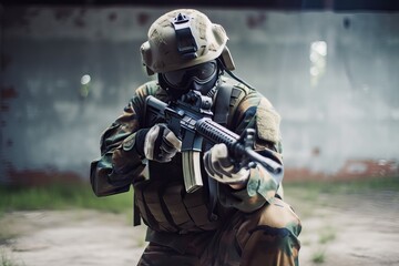 Fototapeta premium Soldier armed and ready to shoot. Photo generative AI