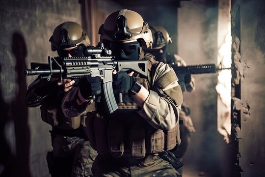 Special forces in action: Camo, helmets, guns in ruined building. Photo generative AI
