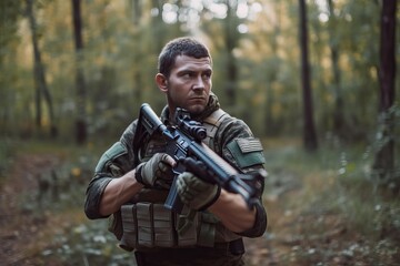 Fototapeta premium Soldier's Forest Portrait with Weapon. Photo generative AI