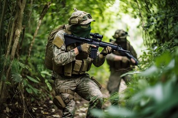 Fototapeta premium Tactical military airsoft in jungle. Photo generative AI