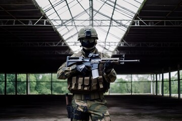 Fototapeta na wymiar Soldier armed with machine gun. Photo generative AI