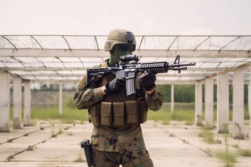 Fototapeta premium Soldier armed with machine gun. Photo generative AI