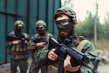 Fototapeta premium Airsoft: Mil. Spec. Forces w/Rifles Gameplay. Photo generative AI