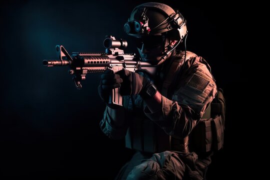 Soldier equipped with armor, helmet, goggles and rifle, attacking in kneeling pose. Photo generative AI