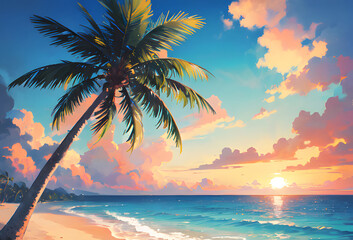 Fototapeta premium 夕暮れのヤシの木がある海の風景 南国 generative ai