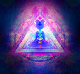Yoga lotus pose. Padmasana with colored chakra points. - 586464987