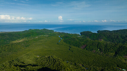 Aerial view of coast of Borneo island and tropical vegetation and jungle. Sabah, Malaysia.