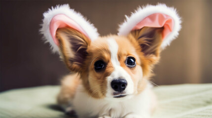 Cute baby puppy with Easter bunny ears easter costume Generative art