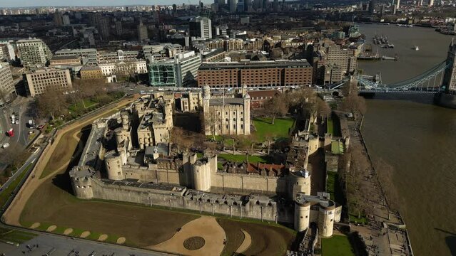 Amazing Fortress of the Tower of London Aerial footage, Sunny day March 2023 