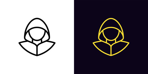 Outline hacker icon, with editable stroke. Hacker with hood, cyber criminal and thief pictogram. Theft personal data and fraud, cyber attack and crime, hacking social media account, scam.