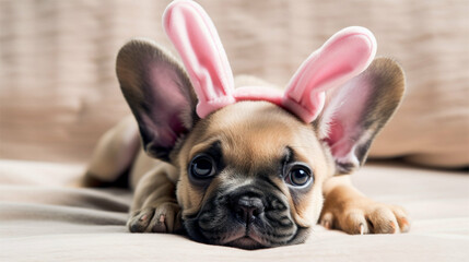 Cute bulldog / French bulldog puppy with bunny ears Easter costume Generative Art - obrazy, fototapety, plakaty
