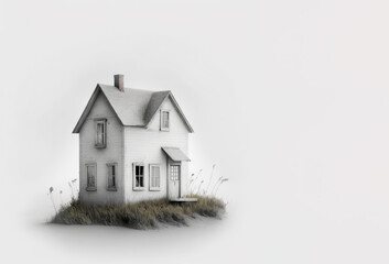 A small white house. a small house with chimney. white window sills. On white background. Generative AI.
