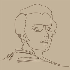 Taras Shevchenko ukrainian writer, artist and poet in young age. Editable vector minimalistic illustration in sepia colors made in continuous one-line art technique - obrazy, fototapety, plakaty