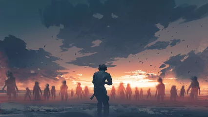 Selbstklebende Fototapete Großer Misserfolg surviving soldier face a crowd of ghosts on the beach, digital art style, illustration painting