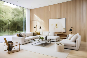 Illustration of modern light apartment with big windows created with Generative AI technology.