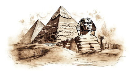 Great Sphinx of Giza and  Egyptian pyramids y ink technique isolated on white. AI generated illustration