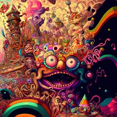 abstract psychedelic neon cartoon of dream world background. graffiti art. generative AI