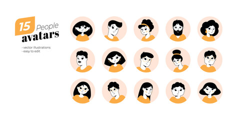 People avatars. Set of modern avatars designs. Men and women characters with different haircuts. Vector illustrations for user profile, social media, website and app design.