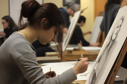 Art studio. Students draw pictures painting with students group in art classroom. Sketching on boards. Art school. Generative AI