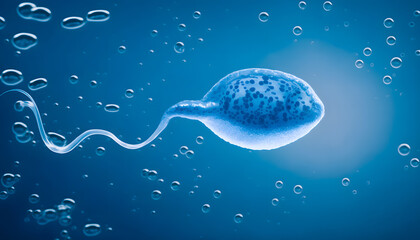 Sperm cell of man, blue color banner. Generation AI. - obrazy, fototapety, plakaty