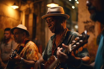 Salsa Nights with Musicians of the Street: A Journey Through the Vibrant Sounds of Havana Dancing to the Beat of Cuban Rumba and Music - AI Generative - obrazy, fototapety, plakaty