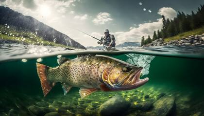 Sport fishing man and Predatory fish salmon trout in habitat under water, action photo. Generation AI - obrazy, fototapety, plakaty