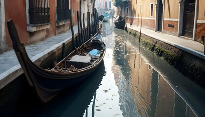 Dry canal in Venice Italy, extremely low level of water, drought. Generation AI