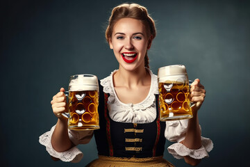 Oktoberfest Tradition. Waitress wearing traditional clothes and holding beers at the festival. German culture and celebration concept. AI Generative